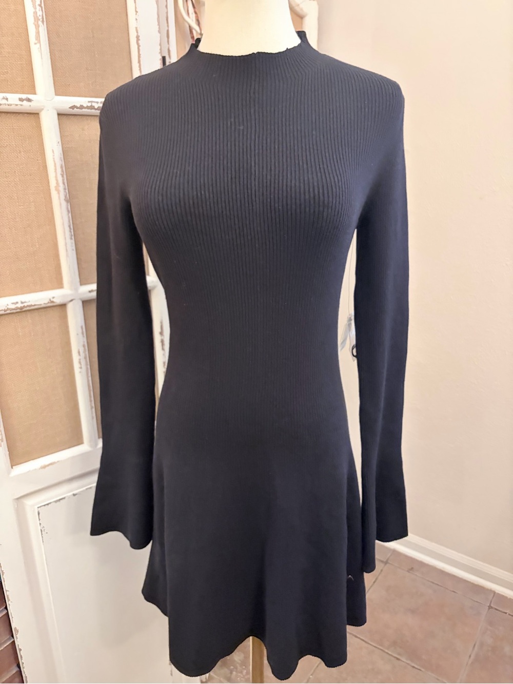 Free People free-est Lindy Ribbed Cutout Back Long Sleeve Mini Dress Black M NWT
